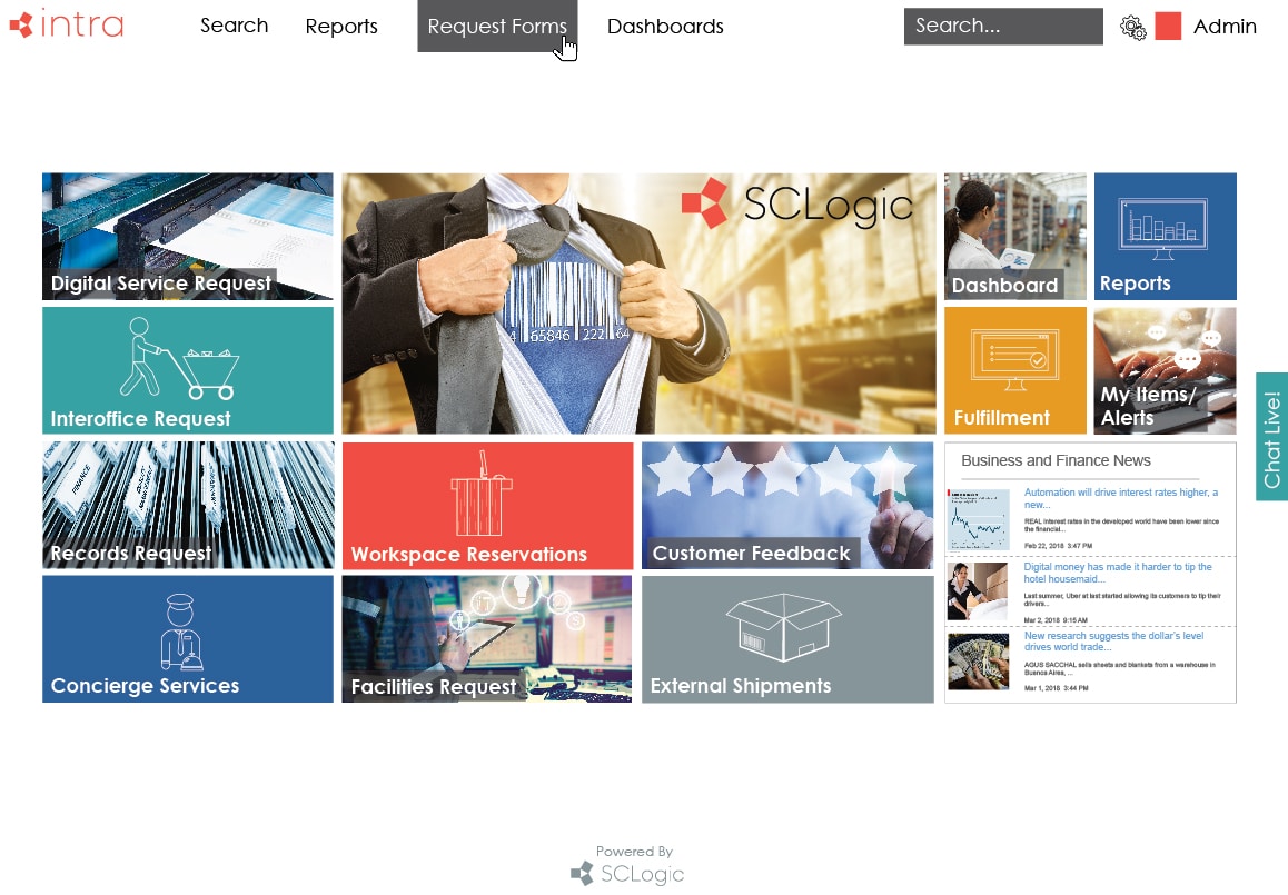 Example of Intra's Client Services Portal, created by SCLogic for facilities management and EDU customers.