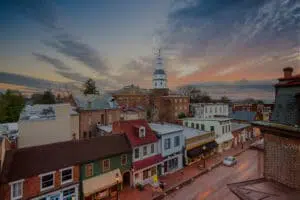 Aerial view of downtown Annapolis, Maryland as the sun sets.