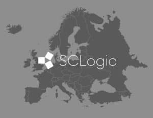 Grayscale logo of SCLogic over Europe, referencing expansion to Sweden and Denmark.