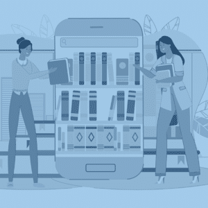 Vector image of two women stacking books within a tablet, representing a tech stack in operations software.