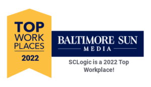 Transparent blue and yellow badge showcasing SCLogic's 2022 Top Workplaces award from The Baltimore Sun.