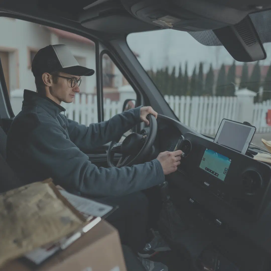 Delivery driver in his truck delivering packages across a facility.