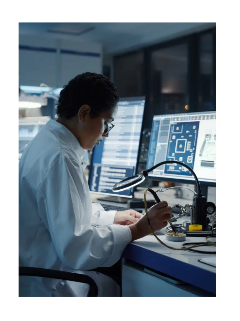 a lab worker sodering a computer chip